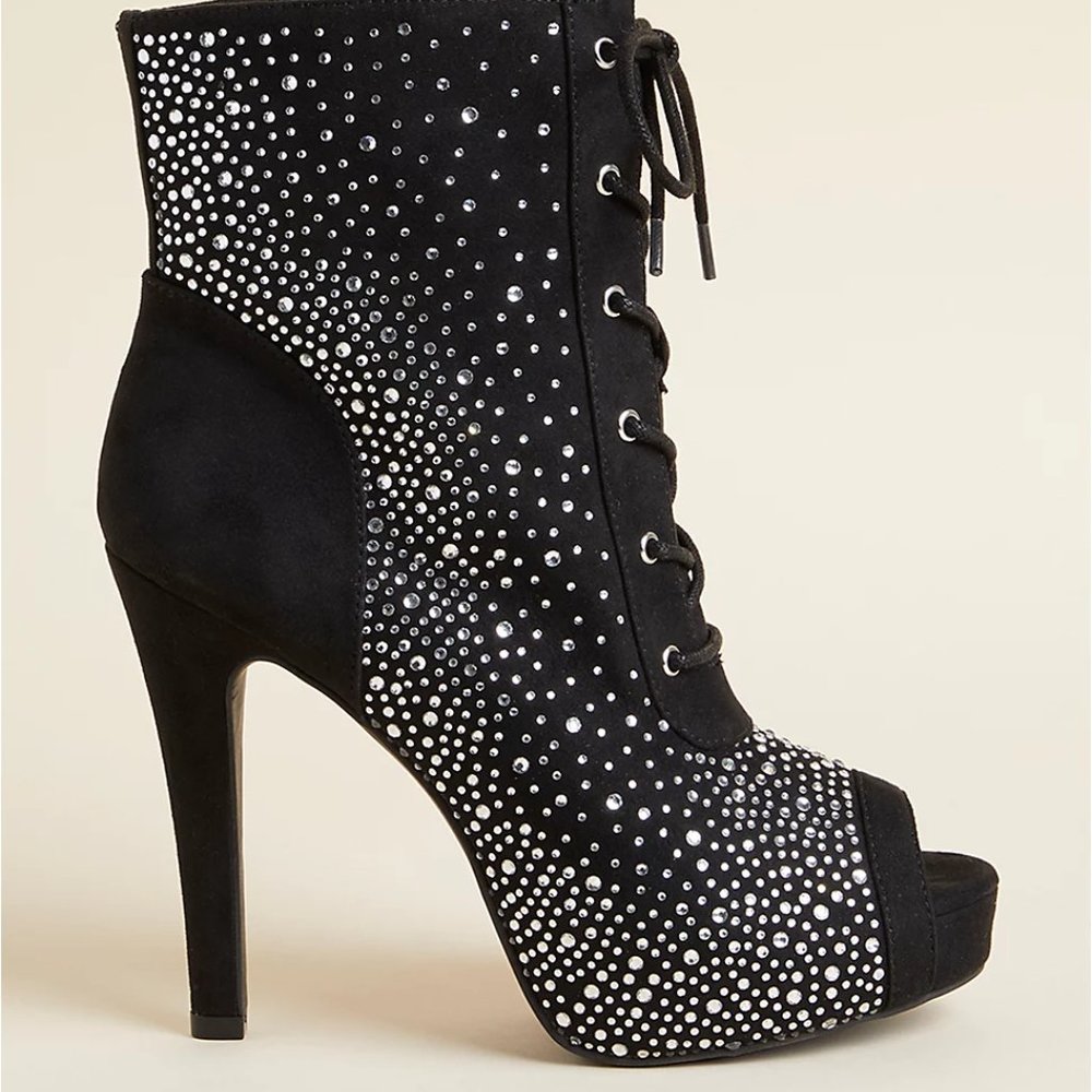 NWT TORRID PEEP TOE LACE-UP HEEL BOOTIE RHINESTONE ACCENTS SIZE 8
